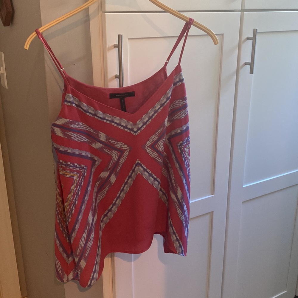 Women’s BCBG Top, Adjustable spaghetti straps, rose, blue pattern, M